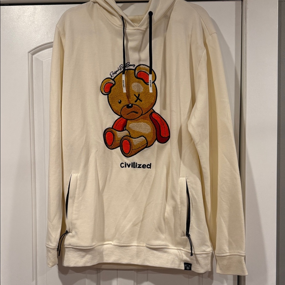 Civilized Graphic Hoodie | Teddy Bear Print Pullover Sweatshirt |‎ Cream | XXL